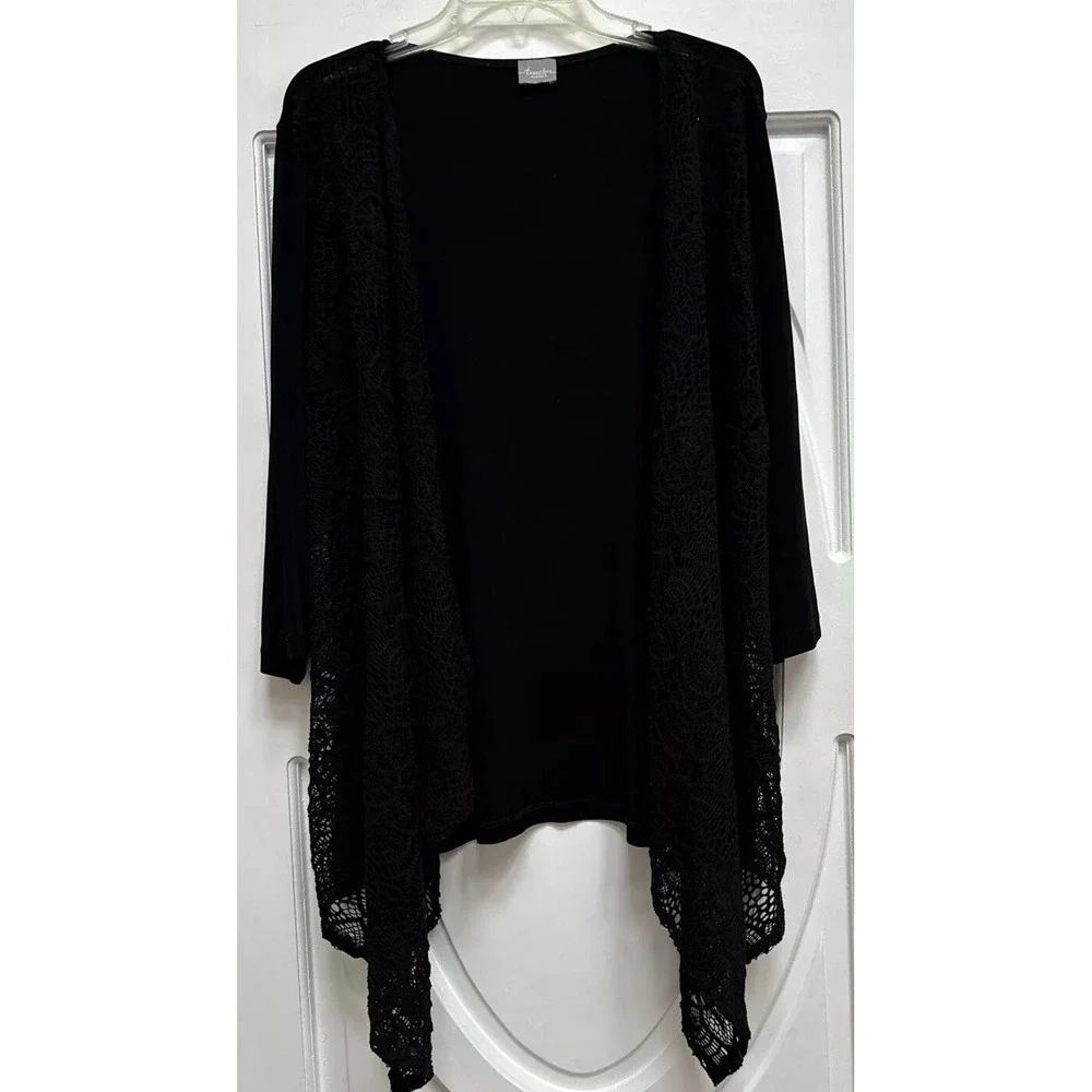 Chico's Travelers Size‎ 2 Black Open Shawl Front Jacket ~Lace Front Knit Stretch